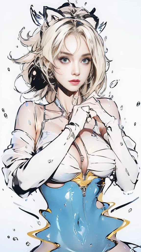 (best quality,highres,masterpiece:1.2),(realistic:1.37),abstract,splatter,detailed,melting,white hair,short hair,long hair, long hair,blue eyes,backlit,sand,water,black background,dust,water splash,long sleeves,white clothes,oversized clothes