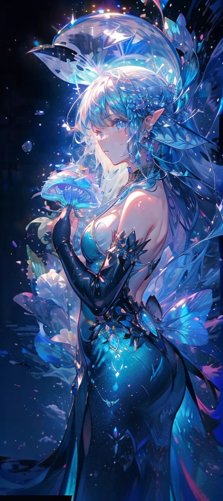 high quality, 8K Ultra HD, beautiful and sexy Bioluminescent woman with a slim figure medium teardrop breasts, beautiful flowing Bioluminescent flowers forming a beautiful woman, full depth of field and realistic textures