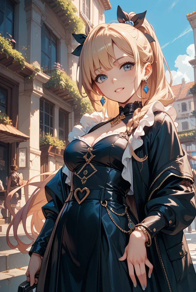 ((Biologically correct limb count))、(( From head to toe、Full-body photo including face))、4K、((Standing position))、masterpiece、((Focus on the face))、((Symmetrical facial features))、Eyes with detailed description、Beautiful woman、Great style、Beautiful arms、Beautiful legs、Beautiful Hands、(Small Ass、Thin thighs)、Facial detailing、Small earrings、necklace、(beret、Red and black leather gothic dress、((High heels、Patterned stockings)))、((Standing in front of an old castle in the daytime sun, looking up))、Silk gloves、(((Blonde)))、(Thick fog)、Realistic photo
