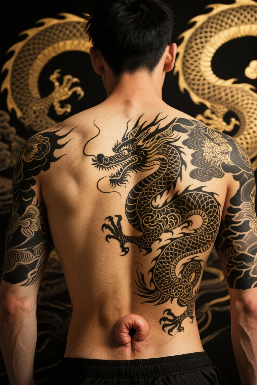 Back Tattoo，Dragon and Phoenix Tattoo on Back，（Super macro），，The beautiful back line of a Japanese geisha，serge lutens style，in style of Cecil Beaton