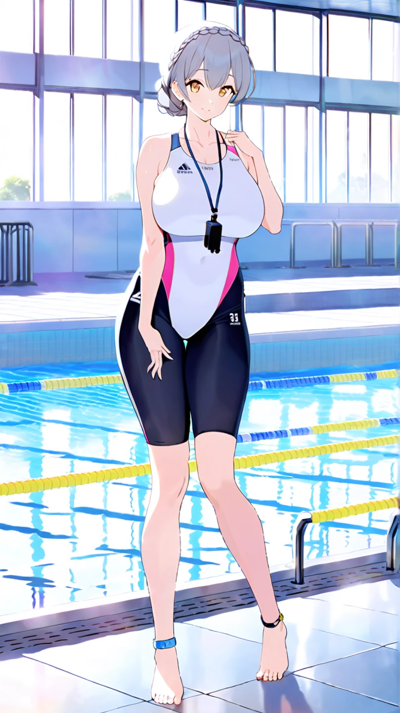 best quality, 1girl, solo, standing, pool, medium hair, black hair, straight hair, looking at viewer, medium breasts,  (prosthetic leg:1.2), full body, smiling, swimming suit, leotard, black leotard, black swimming suit, barefoot. 