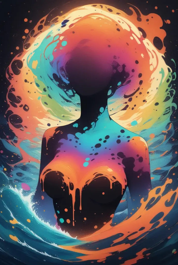 a fine color ink lineart sketching of a woman silhouette with a glowing shiny outline vivid-colorful-vibrant reflective volumetric splash, flashy sparkling, best quality, elegant, sharp clear art,
black background, 4k resolution