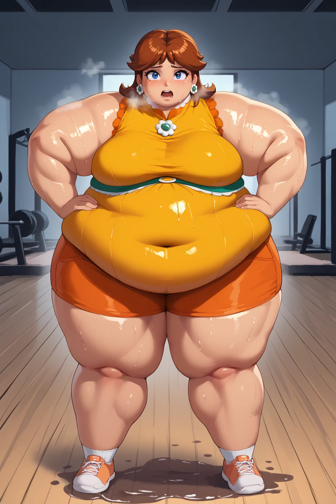 Beautiful anime character with a huge belly, he has a ((jiggly fat round belly)), thicc, his belly is fat and round, ,((fat )), heavy detailed, extremely plump ,((insanely wide hips))((large thighs)),( Large Butt),(( Proportionally large arms)) ,((proportionally enormous legs)),best quality, masterpiece, solo, (( Tall ,Feminine))Male in red Dress with crown,( Red corset, Skirt tail), wearing an ornate outfit, anime princess, in a fancy elaborate dress, ((Long Orange Hair:1.4)), ((hair styled in curls:1.3)),((Green eyes)) Background(Ballroom)), expression (Smug, Smile, Sensual),pose( Hand on hips, Other hand in hair), hyper_hips,pear_shaped_body,belly_bigger_than_body,high_aesthetic