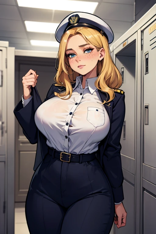 Expressive, score_9, score_8_up, score_9_up,, masterpiece, high quality, highly detailed, 1girl, camie utsushimi, light brown hair, dark brown eyes,,,,,,, thin waist, white background,, (school uniform:1.2), sit on desk, white-collared shirt and dark skirt, cap, plump and glossy lips