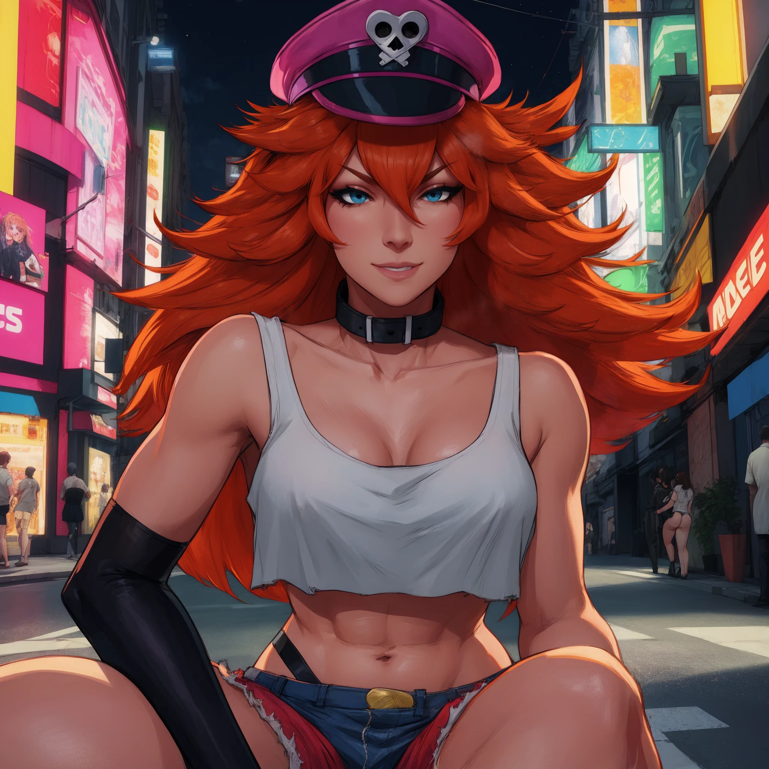roxy,orange hair,blue eyes,long hair,white crop top,single elbow glove,collar,short red shorts, peaked cap, upper body, blinking, sending a kiss, looking at viewer ,night,neon lights,streets, (insanely detailed, masterpiece, best quality),sitting, hand behind ears, tilted head, seductive smile, head back, looking at viewer,extremely sexy