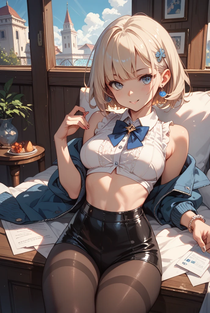 独奏、(Dark blue pleated skirt Dark blue、Dark blue micro mini skirt dark blue、Sailor suit summer uniform、Short sleeve white shirt、Navy Blue Ribbon)、(Big Breasts、slim、Slimming、Muscular、Beautiful Abs、Bare thighs)、(White, pale pink or pale blue panties、BREAK Panty Drop、Are standing、Raising his arms、Pussy、Pussyライン)、Blue Eyes、(I opened my mouth slightly、Sexy look、Blushing)、(Blonde、Shortcuts)、high school girl、high school、classroom、
