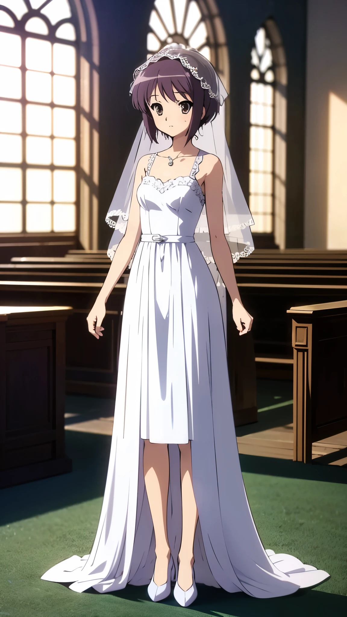 inside church, anime style, 8k, ultra high res, wearing bell Line wedding dress, wedding veil, break, standing, full body shot,