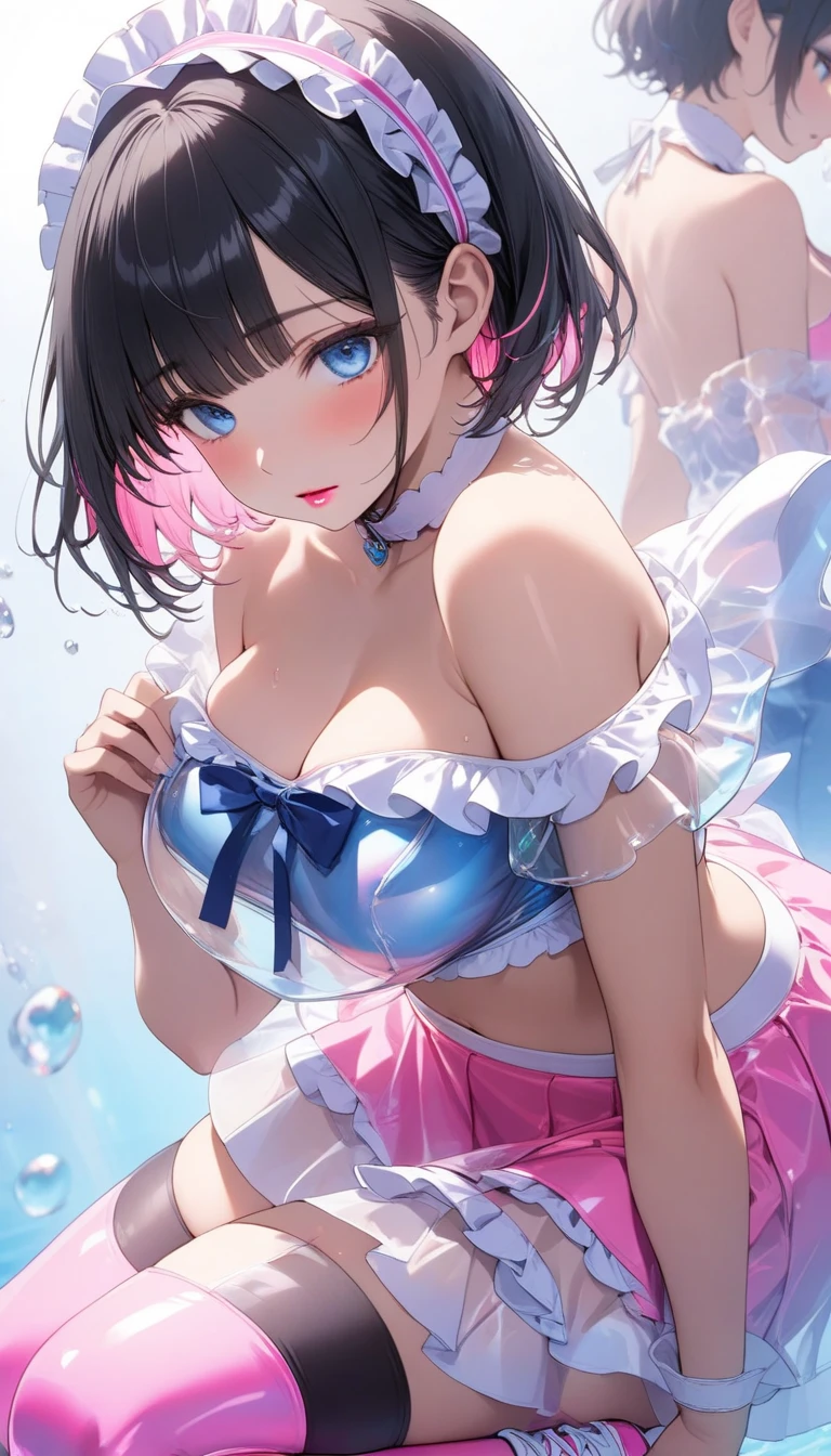 {{{{{16k, Camera angles close to face and tits}}}}}, {{{{{Her body and sex appeal are at their peak and she exudes an overwhelmingly seductive aura She kneels with her eyes upward drooling from the tip of her slender tongue and sticking out her tongue lovingly and skillfully caressing the penis in front of her, transforming a Japanese girl into her facial rank to the SSS rank of top-notch pretty actresses, She's in a cylindrical aquarium filled with female hormone fluid with a control panel that allows her to change the shape and appearance and personality of the girl inside at will, When the control panel under the aquarium was adjusted to a sexy beautiful big-breasted with tight cleavage slender underbusted personality girl her appearance changed to a cutely slut and gentle look, after being locked in a aquarium for four years and injected daily with beauty-enhancing hormones she grew into a girl that she had an lewd fetish for lips and necks and waistlines, The lush growing tits and waistline of a 16 year old ripen quickly when the control panel is moved to a 20 year old and we see her in her prime as a woman, her clearer nip line from underbust to hips, Her too-beautiful rounded tits wrapped in her separates frills pastel colored bikini, Her hair is replaced by a bang long glossy very Straight black hair, The growing body is reproduced with sex-loving, thick vivid lips, She transforms her into a cute once-in-a-millennium}}}}},{{Extremely detailed}},{{{{{integrated her head small, Enchanting Too thick and erotic deep pink lips, Her thickened lips shimmer with luster}}}}}