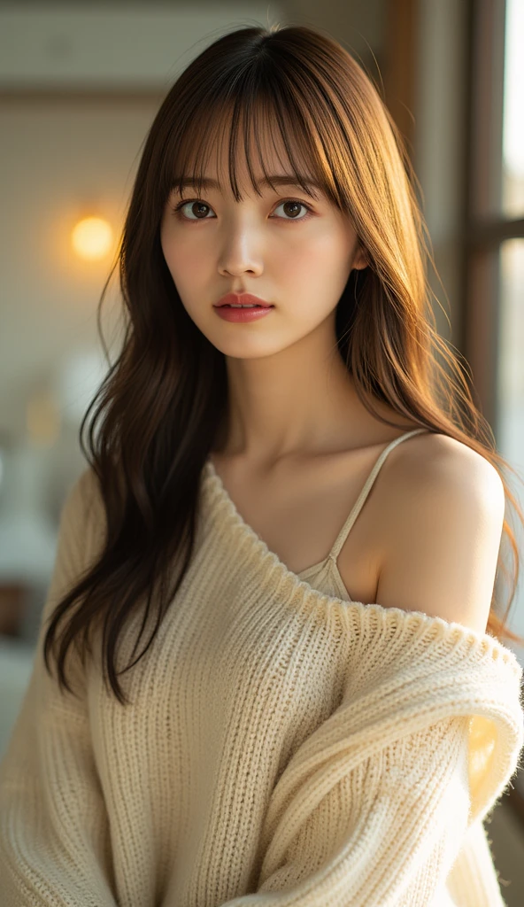 (Masseter muscle area:1.3)、(8k、Photorealistic、Raw photo、highest quality: 1.4)、(One Girl)、Beautiful Face、(A vivid face)、(brown hair:1.5)、(Medium Hair)、Beautiful hairstyle、(One eye is hidden by bangs:1.2)、Beautiful and fine details、(real skin)、Beautiful skins、(sweater)、Absurd、attractive、超A high resolution、Surreal、High Detail、Golden Ratio