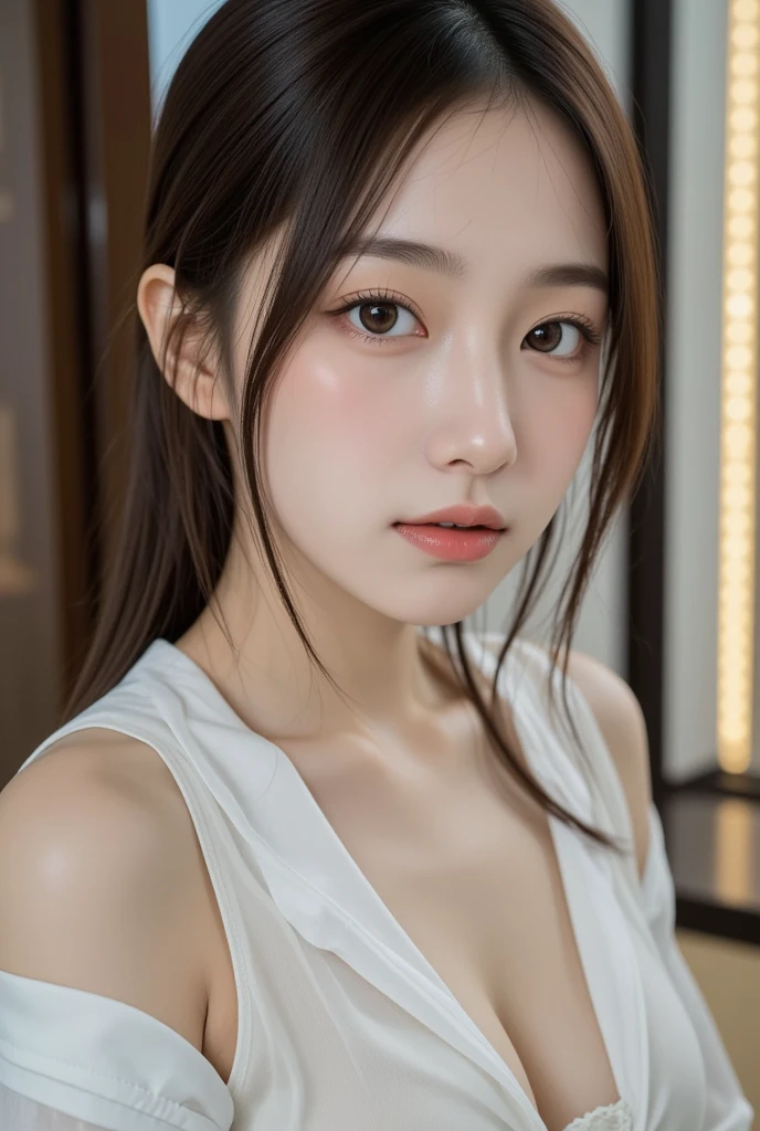 Beautiful woman with perfect figure:1.4,Layered Hairstyles,Protruding cleavage:1.2,Nurse uniform:1.5,Highly detailed face and skin texture,double eyelid,Whitening the skin,Long white hair
