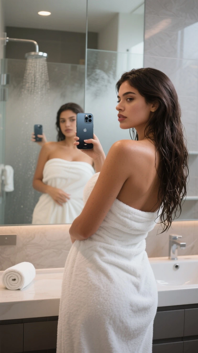 ((Woman taking a shower wearing a very tight mint green low cut work blouse, black skinny jeans and white high heels.)), (((Takes a selfie with your phone))), (((wet hair))), dripping wet, Wet clothes, ((I'm standing in the shower)), (((show shoes))), inviting smile, water flows through clothes, ((NFV)), nipples visible through wet blouse, showing cleavage, ((short curly red hair)), Blue eyes