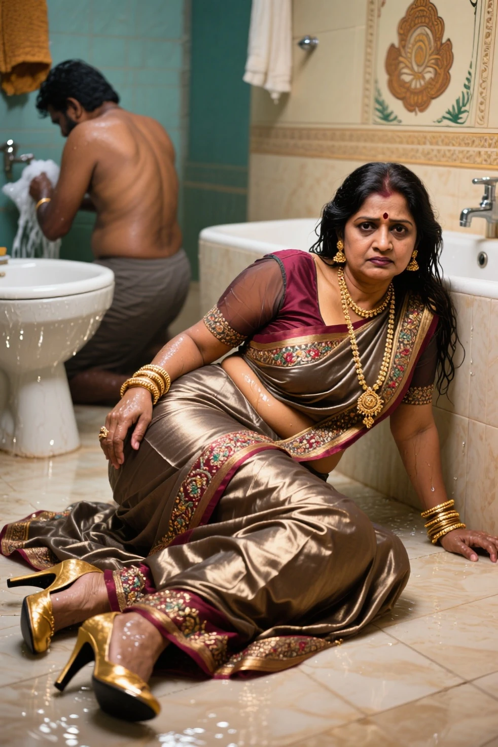 Hot older Priya Desai in hijab nude arm nude shoulder breasts nude cleaning the toilet in bathroom housekeeping view from side back top dirty toilet 