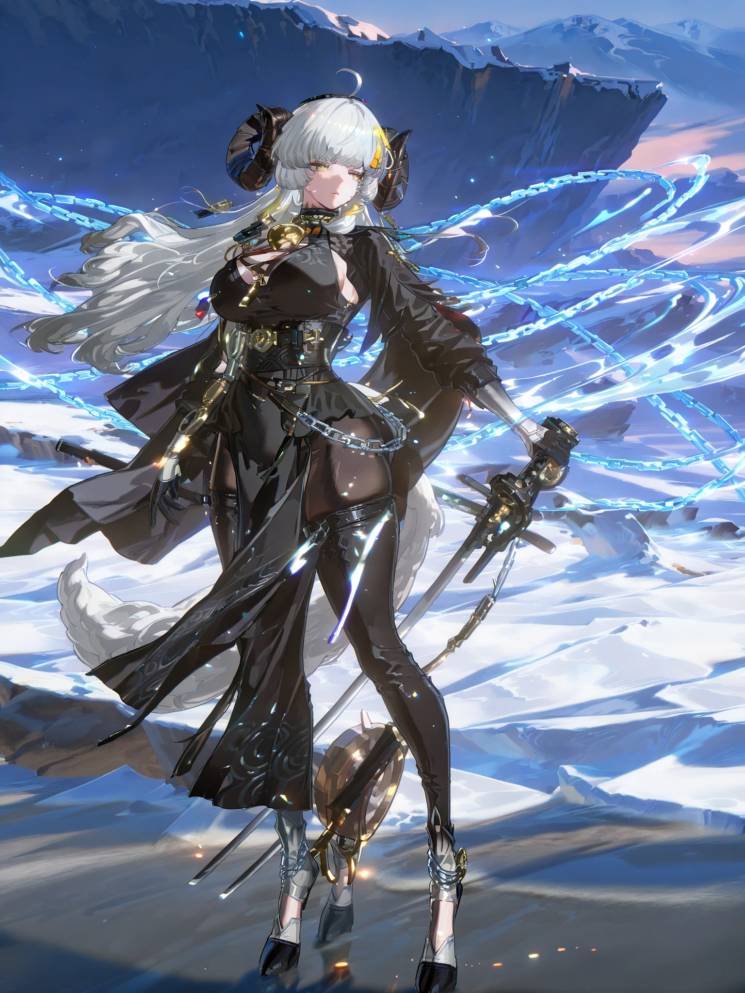 woman, sheep anthromorph, ram beast, white and black coat of cotton, blue talisman on her ram horns, puppy down ears, snowy mountain, large breasts, fullbody, slean model body, long legs, long black cape, cute pelvic curtain dress, cute chain belt on her waist, holographic hair, cute big wolf tail, holding a huge katana, black dress with waves patterns, black horns