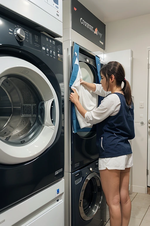 Brunette anime girl reloading on washing machine 
