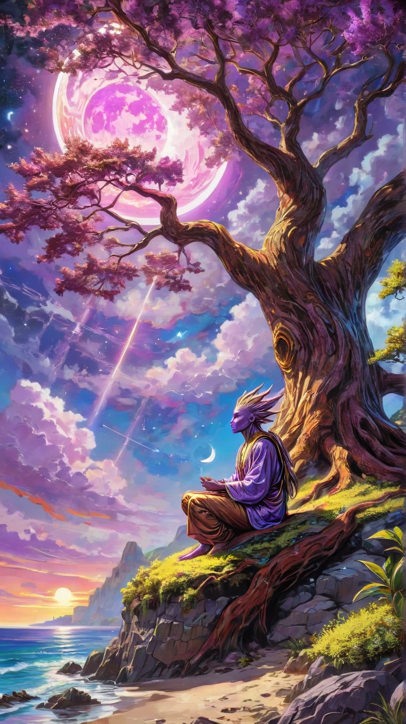 (Colored sketch, Fluorescent orange horizon, Cyberpunk style), ( colorful sketch , Ultra detailed, Obra-Prima, Cores Vivas), Alien world, Down in the shade of the tree a humanoid being in a meditation position, Waterfront Cliff with Huge metallic Tree with Twisted Branches with White Foliage, Lilac sky with big clouds, And crossing the sky a shooting star passed in front of the reddish moon, reflected light, intricate details, Image fill, depth of field,