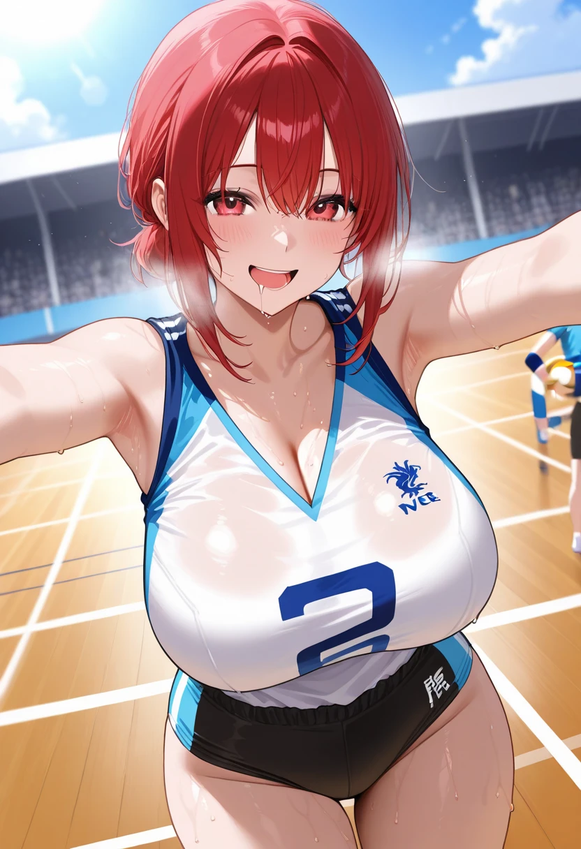 score_9, score_8_up, score_7_up, source_アニメ, sakimiya iruka, red hair, green eyes, one side up, medium hair, green scrunchie, hair ornament, shiny skin, rating_explicit, large breasts, large ass, Race Queen, highleg, (scared),(tears:1.3),(open mouth, shout),(sweat:1.2), (steam on body, heavy breathing), (trembling:1.4), drooling, bouncing breasts, unaligned breasts,(motion lines:1.5), motion blur,(pussy juice, Squirting:1.5), (arched back), (troll, 2men, vaginal penis, cowgirl position), 2penises,(huge penis:1.5), (head grab:1.2), (cum in mouth, cum on tongue, facial, cum on hair), projectile cum, cum string, excessive cum, pole dance, on stage,