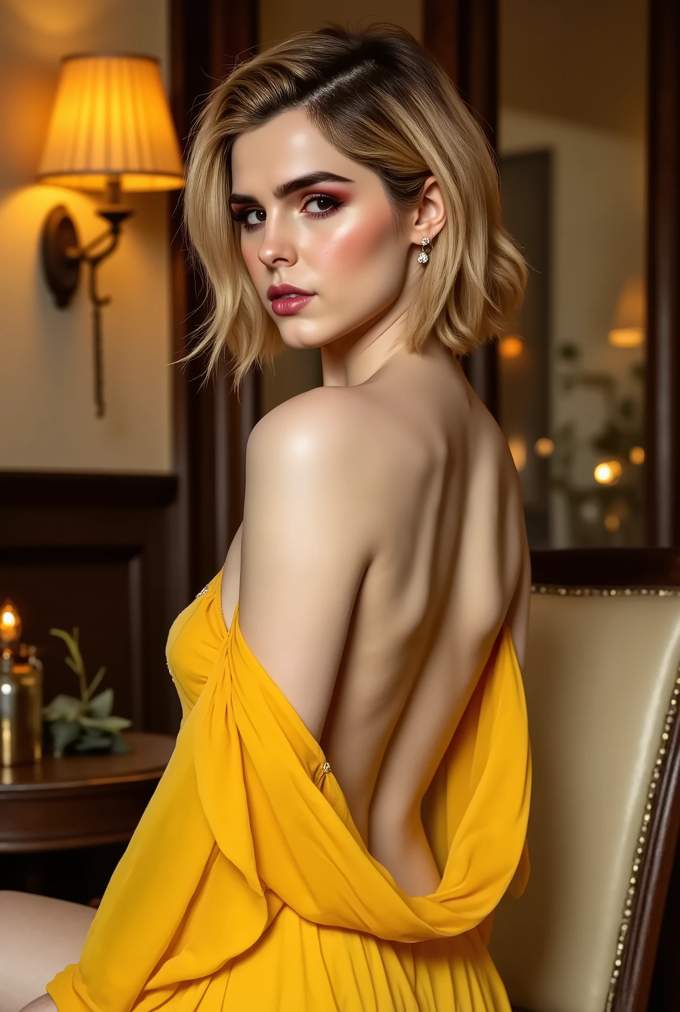 woman in yellow dress posing in a restaurant with a lamp, beautiful yellow woman, lady using yellow dress, woman, cute woman, women, beautiful girl, goddess, lovely woman, jaw-dropping beauty, gorgeous lady,