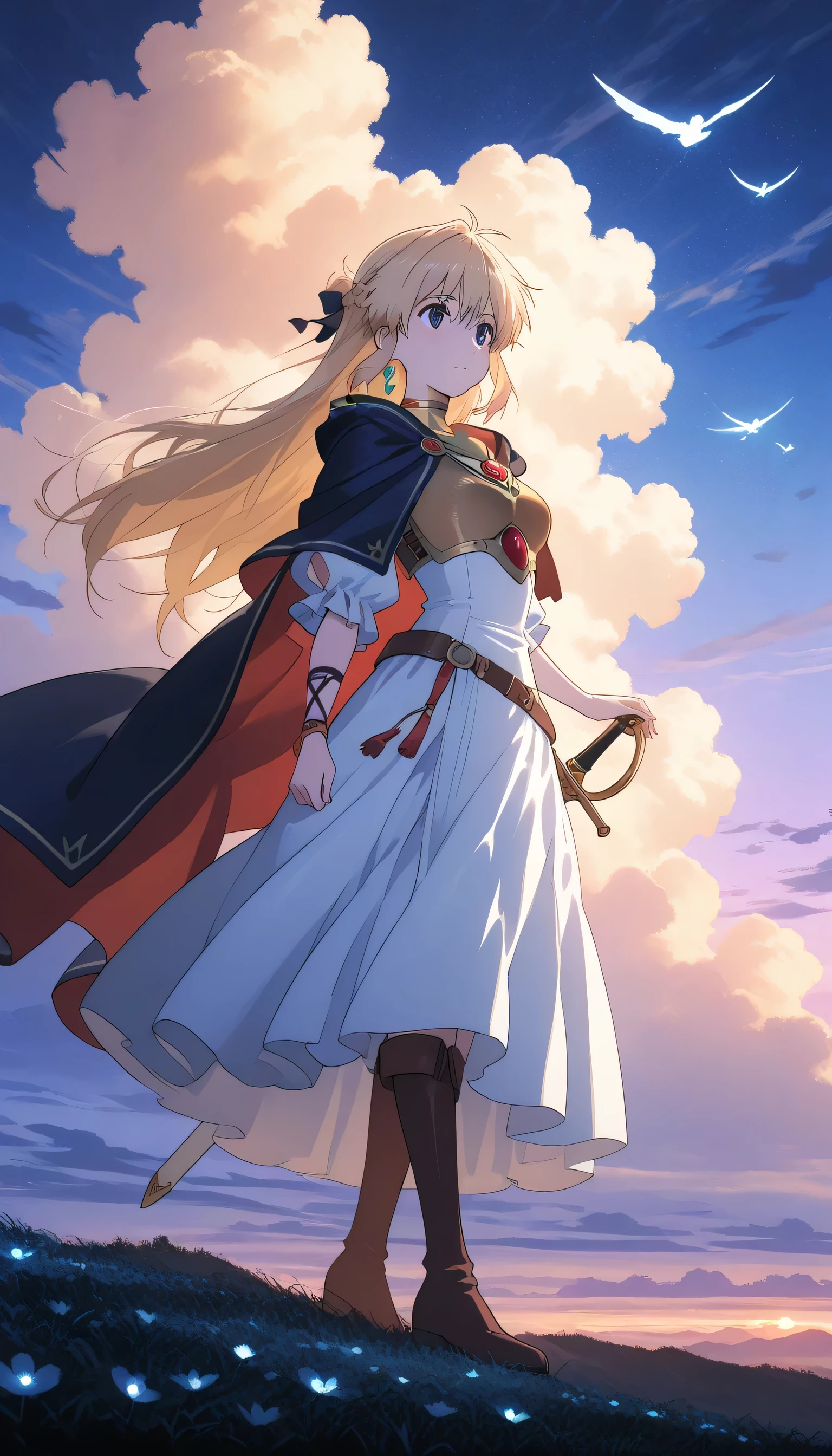 A beautiful blonde anime heroine with sad eyes, standing alone in a vast fantasy landscape at sunset. She wears elegant, slightly worn armor with a flowing cape. Her sword is sheathed. Behind her: glowing meadows, distant mountains, and a magical sky with floating islands and softly glowing clouds. The mood is emotional and bittersweet, as she longs for a normal life. Highly detailed, cinematic lighting, soft anime shading, Ghibli-inspired atmosphere, album cover composition.