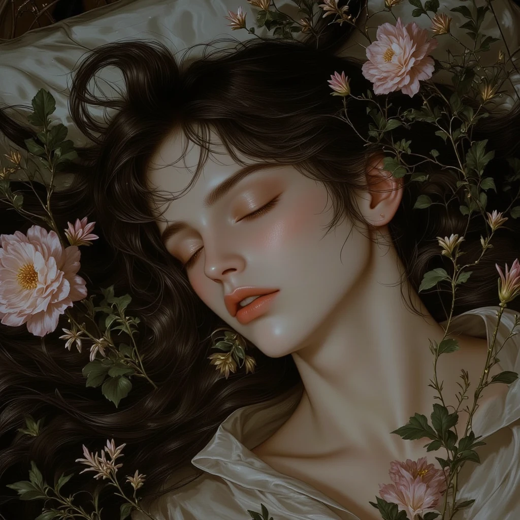 ((highest quality)),(Ultra-high resolution),(Very detailed),(Detailed Description),((The best CG)),(A masterpiece),Ultra-precise art,Amazing drawing art,(Art with precise detail:1.5), (woman:1.4),(Calm sleeping face:1.4), A profusion of flowers:1.6,