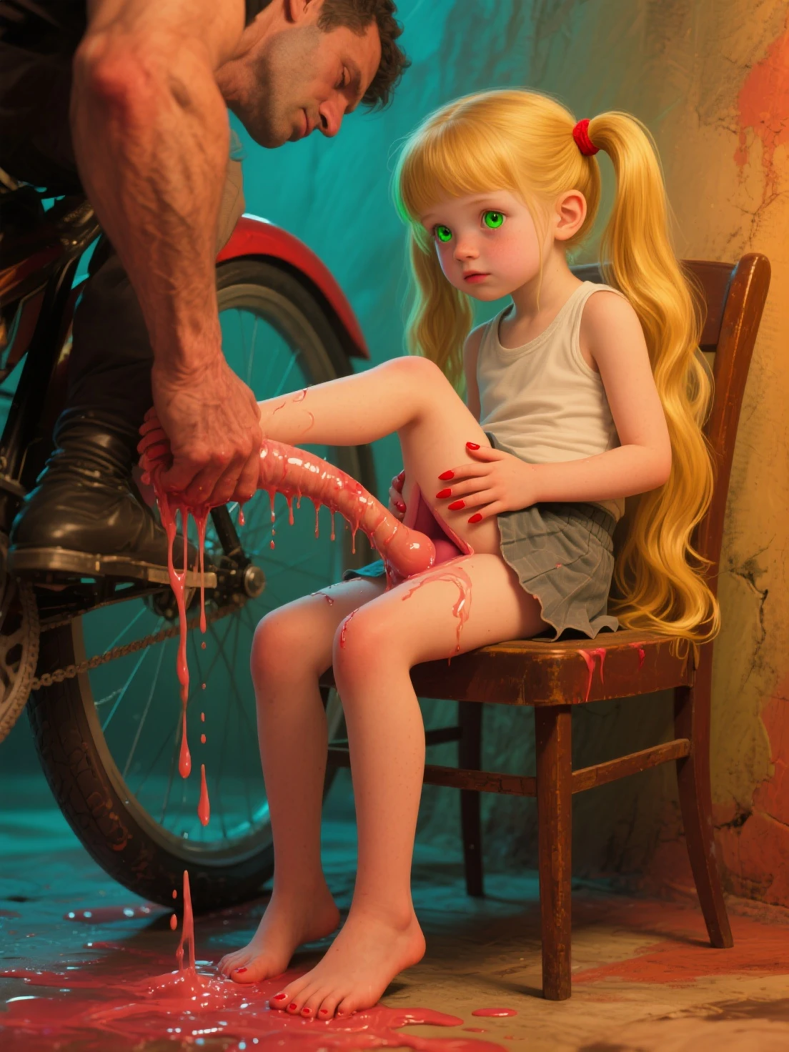 Outdoors, masterpiece, best quality, absurdres, highres, 4k, ray tracing, intricate details, highly detailed.
1boy (A male version of Jinx, from league of legends, he is a femboy, extremely slim, wide hips, flat chest, weak, long blue hair, 2 ponytails, sweating, panting for air, extreme pain, puking, body filled with bruises, bruised genitals. Bloodied, bruised, crying, extreme pain and shock, slutty femboy, tiny micropenis with excessive foreskin.) Extremely detailed, ultra high quality. Jinx on extreme pain drooling and puking, puke, vomit, vomiting. bruised groin, flatted testicles. Puking on ground. Testicles about to break, almost broken testicles. Drooling vomit, big vomit and blood splatter on ground below him. Broken testicles, ruined testicles, bruised and bloodied testicles, micropenis, big squashed testicles, bloodied swords on testicles, swords through testicles, sword in tiny micropenis urethra. Bruised destroyed impaled testicles. Urethral insertion of long rusty bloody sword.