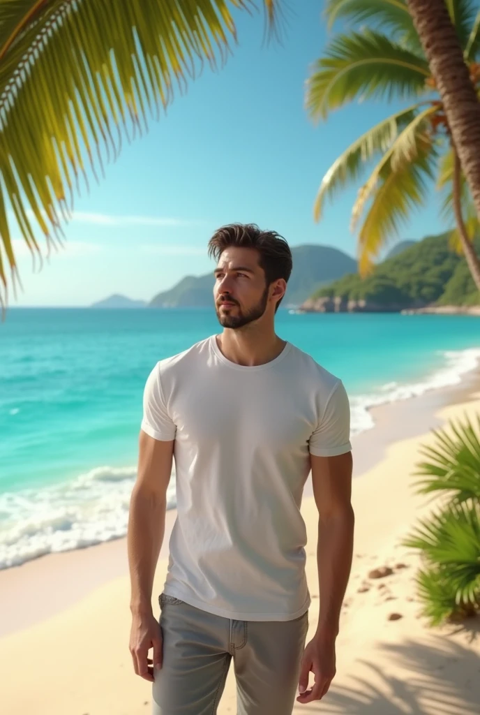 there is a man standing on the beach next to a palm tree, wearing red swim shorts, palm trees in the background, vacation photo, with palm trees in the back, having a great time, at a tropical beach, posing on a beach with the ocean, holiday vibe, taken, shot on Sony alpha