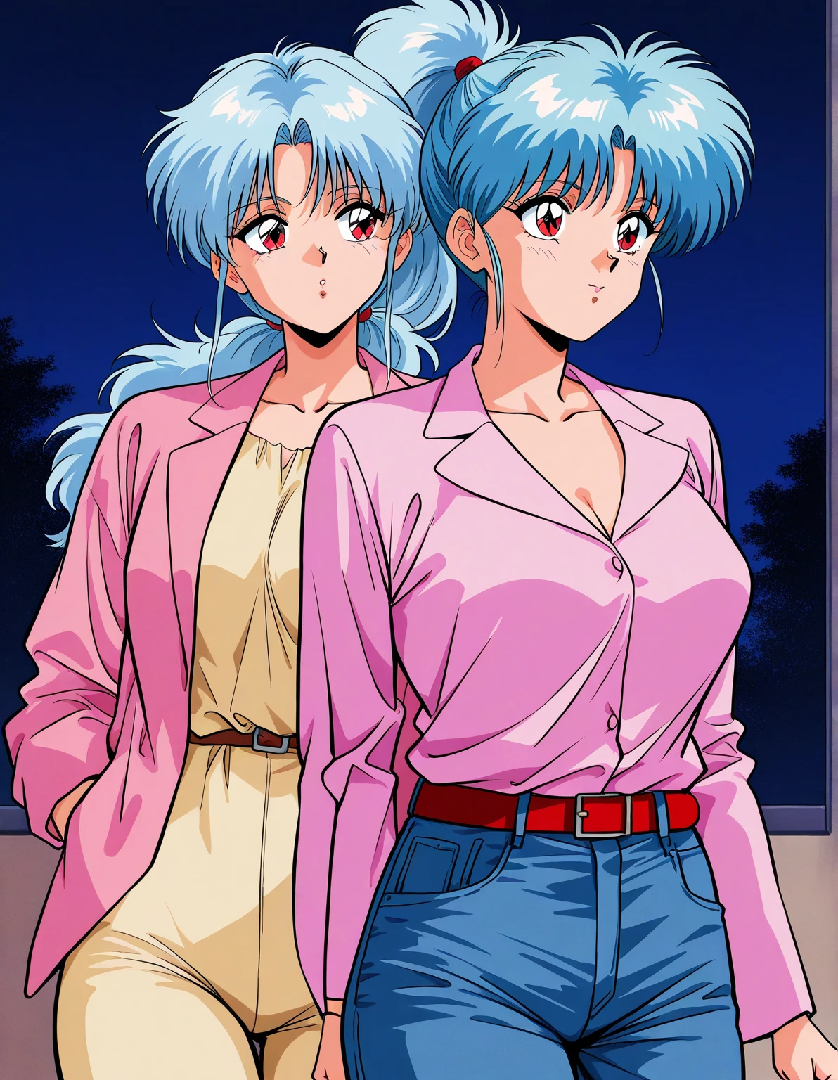 Red Shoes, masterpiece, Henri, One girl, Green Hair, amount, Aqua Eye, alone, Long Hair, (1980s style: 1.3), (anime: 0.91), Beautiful Eyes, Beautiful Face, smile, walking, blouse, pants, whole body, night, city