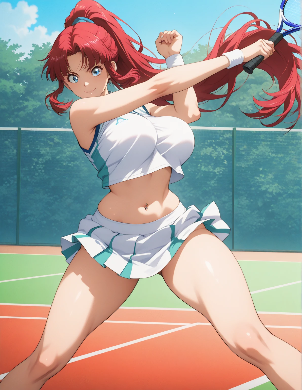 orihime inoue, mitsuri kanroji,2 characters 2 female, multiple characters, playing golf,both sexy,both perfect body,both fullbody,both smiling,both looking at viewer , both white skirt,both white heels,both white stockings,both wear topic which cover breasts and show abs,abs,shirt,nature background, laughing , touching each other