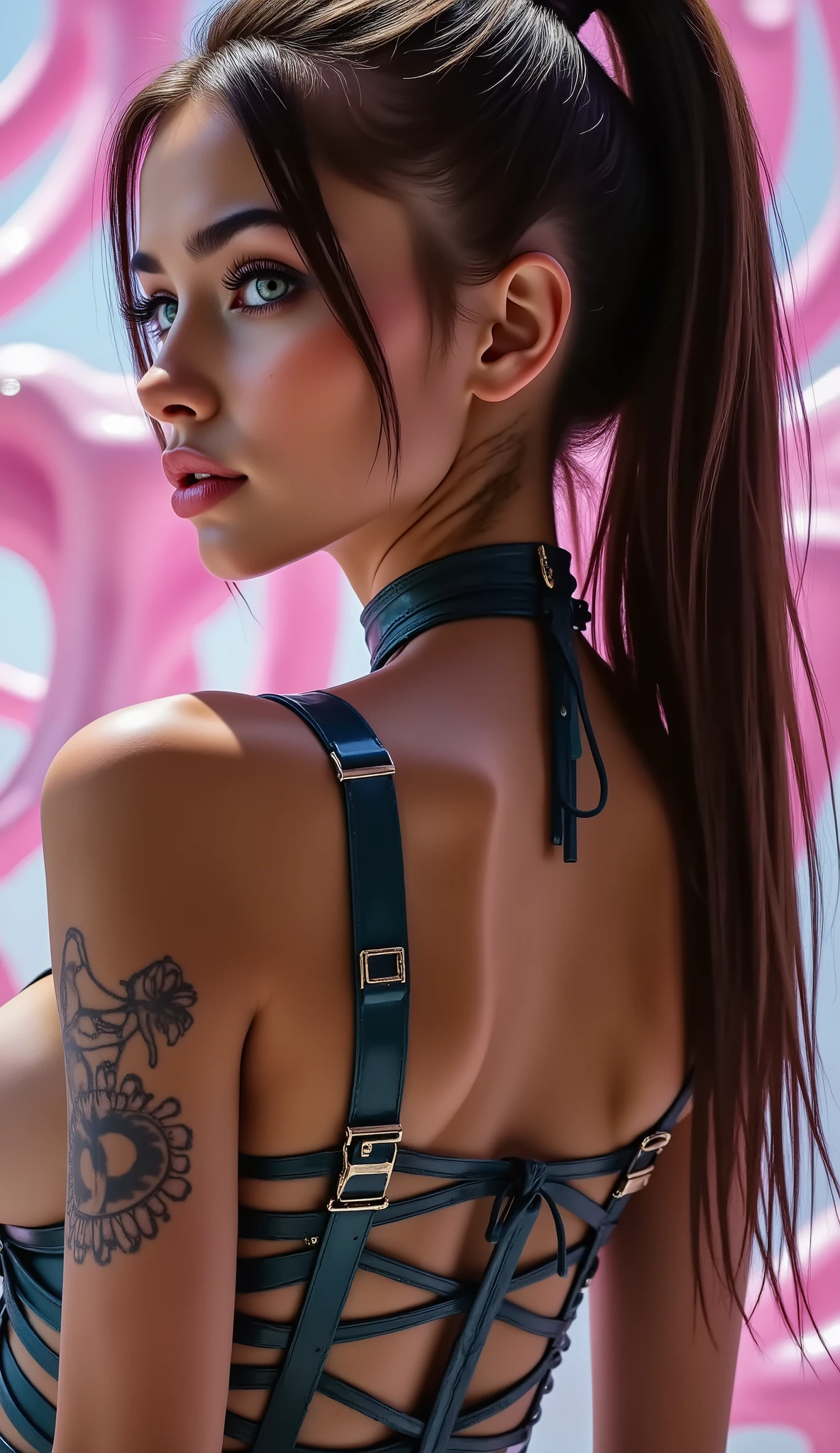  [Style: "masterpiece, realistic, (photo realistic Realism), ultra-detailed, Hyper high resolution"](Key Directive: - ("The priority is the anatomical accuracy and texture of the materials" - "Ultra-sharp human eyes with biological accuracy") { "Eyes: (acid-resistant terminology) (macro-details:1 . 5): * Moist corneal surface (visible aqueous layer:1 . 2) * Hyper-detailed iris stroma ((brown) with gold flecks) * Precise limbal ring (slightly darker pigmentation:1 . 22) * Pupil micro-texture (irregular edge authenticity:0 . 9) * Vasculature in sclera (subtle red veins radiating from limbus)" - "Lashes: blue individual synthetic fibers (crosshatched roots:1 . 2 , clump-free separation)" Technical Specs: (Optics: - "Zeiss Otus85mm f/1 . 4 lens (eye refraction calculations:1 . 3)" - "Shutter Speed:1/500 (freeze eye micro-movements)" - "Focus Stacking:7-point coverage on iris plane") (Post-Processing: - "Frequency separation for skin vs eye details" - "Selective sharpening: eyes200% , hair80%" - "Denoise: luminance20 , color35 (retain corneal speculars)") (Avoid: "pupil distortion , uncanny valley asymmetry , plastic-like wetness") ((beautiful western model:1.8)),(photorealism: 1.4),( hot girl brown skin),(complex and realistic skin texture:1.4), {{"[dynamic rear side pose,portrait view, 18yo, very skinny, Honeycomb latex outfit "((latex bra:1.4))" blue green latex harness choker intricated ,complex thin laces stomach harness, tied up,arms tattoo,micro skirt, garters,flat chest,angelic cute face,white teeth, perfect beauty, perfect eyes render, long eyelashes, neon pink lips, oiled skin,psychedelic background,voronoi backround, hyper realistic and detailed face , blue eyes,no blur sharp focus on all body]"}} 