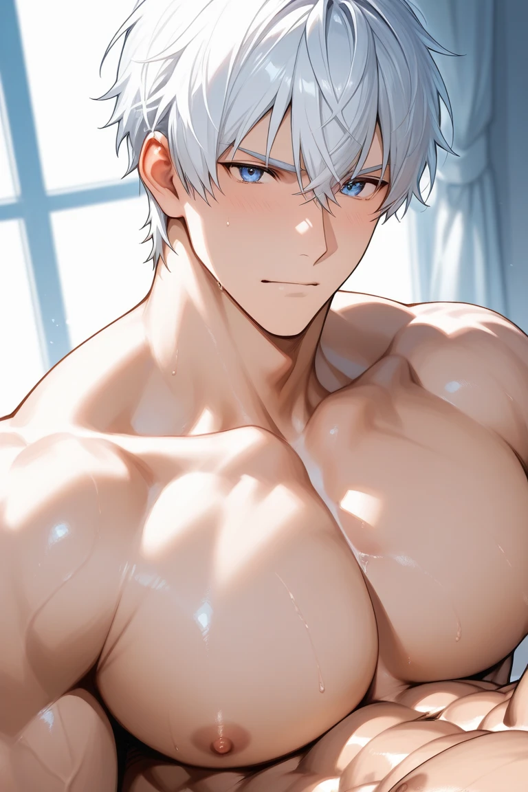 1boy, best quality, detailed face, (detailed eyes:1.3), light-skinned male, white hair, short hair, messy hair, red eyes, happy, shirtless, white jockstrap, muscular male, indoors, hotel