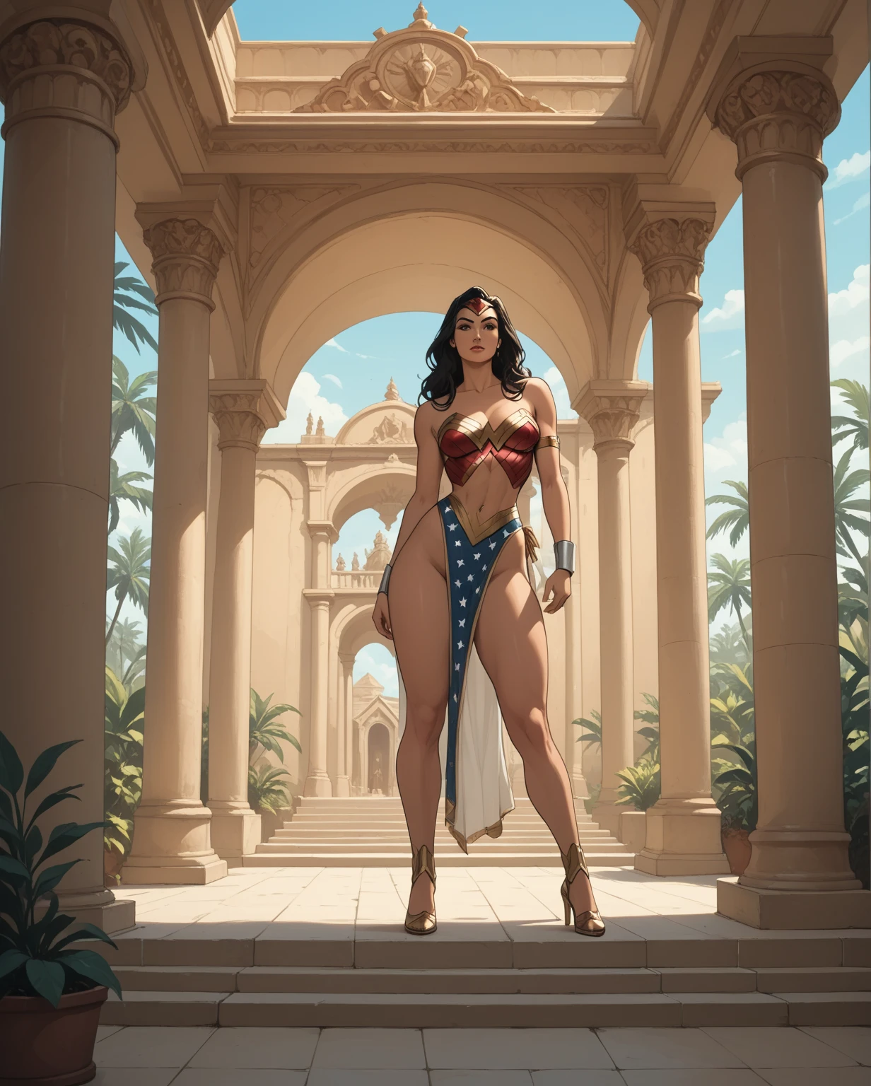 Barbara Mori, young, beautiful, voluptuous, naked, large breasts, wide hips,  butt, standing by a Buddha statue, long legs, bare foot,  shade light, high resolution, sexy, wearing many bangles, wearing a waistband, wearing an arm band, other naked women in the background, by Louis royo, by Boris vellejo, by Frank Frazetta, by Julie Bell