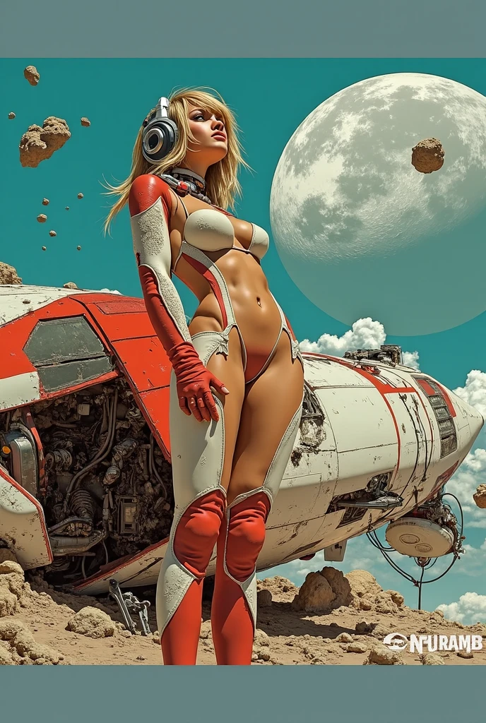 1girl: (a perfect hourglass figure blonde sexy-leotard gloves boots -helmet utility-belt) riding a retro-rocket, fire coming from back of rocket, space background. extremely detailed, photorealistic, masterpiece <lora:RocketRide:0.5> rocketride