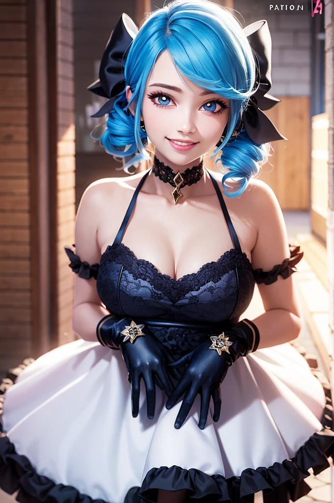 Eine vollbusige frau, Who makes a heart with her hands, blaues latex outfit, sonniger strand