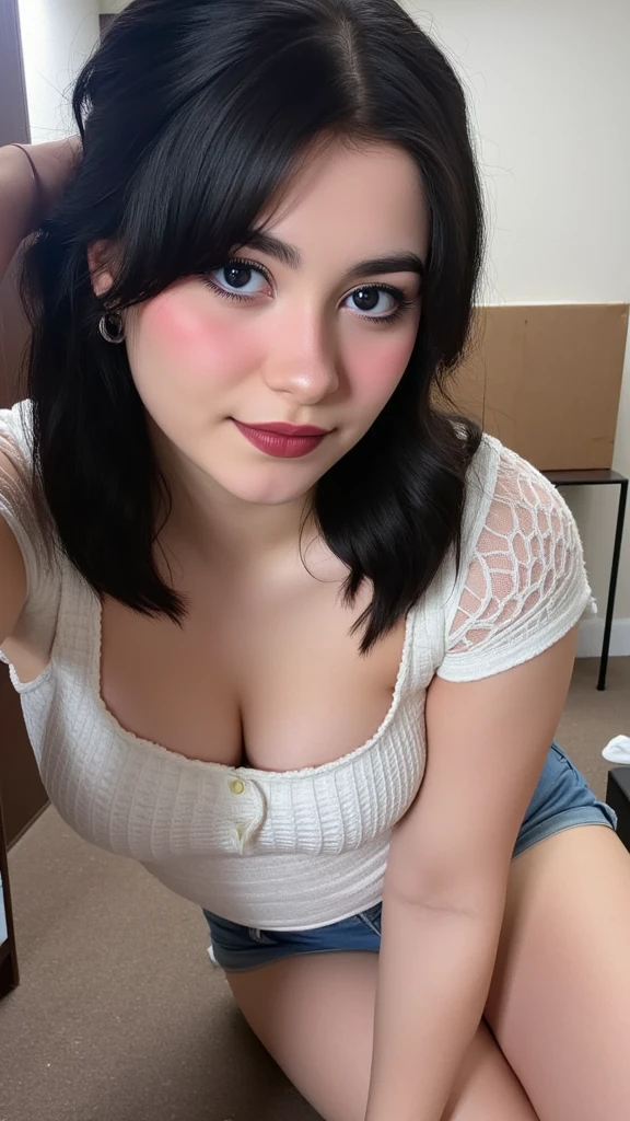 A young woman with a Latina, mexican. Taking a selfie and looking directly at the camera. Brown hair, Brown eyes, e-girl makeup look, in a slightly transparent shirt. Face close to the camera.