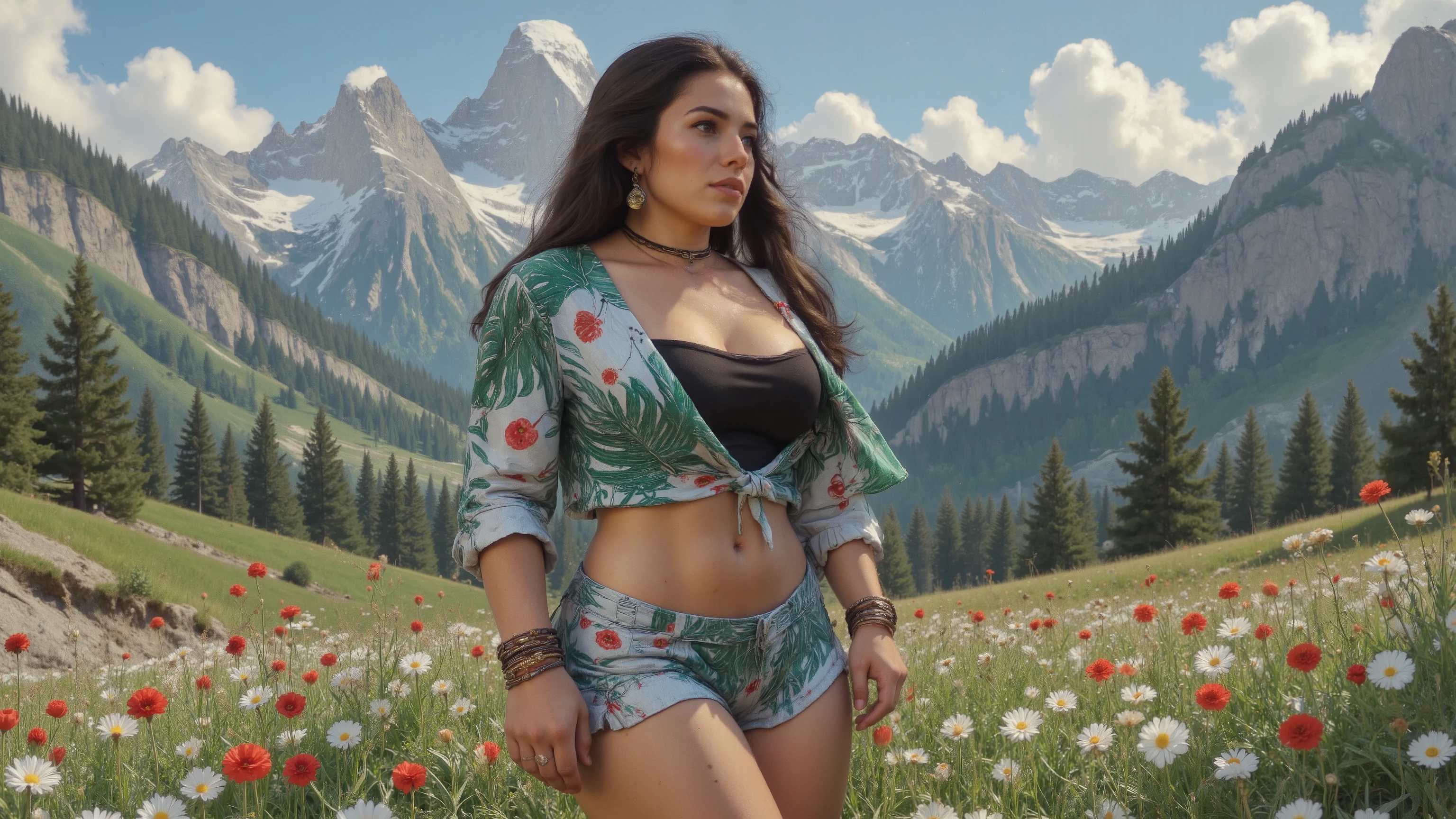 Full body photo, side view, from head to toes, of a gorgeous young woman, muscular and voluptuous. She's posing on a flower field at the Alps. Her very long hair is beautifully styled. She has muscular thick thighs, wide hips, perky fit plump ass, slender waist, highly defined body features, highly defined muscles, (huge, swollen, milky breasts). She has extremely detailed realistic natural skin with skin pores, skin indentation, shiny skin, perfect skin, perfect face, perfect hands, perfect eyes, perfect feet, ultra detailed body, ultra detailed face and eyes, ultra detailed feet, desire, provocative, excitement. She wears a sexy spring themed full dresswear set - a mountain uniform, styled mountain footwear and rich intricate jewellery: a slave collar with a cowbell, bracelets, armlets, earrings and rings. It's a windy spring day. Painstaking attention for details. blue sky, nature, panorama, landscape, harsh sun and shadows, ray tracing, UHD, HDR, 16K, DSLR, photorealistic, masterpiece, award-winning.
