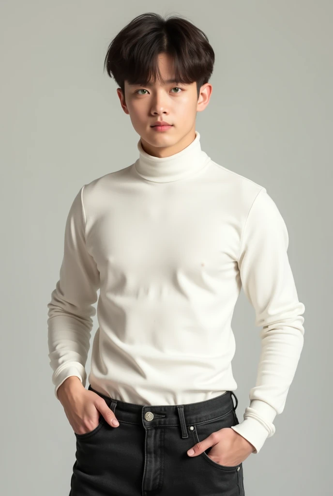 (realistic, คุณภาพhigh: 1.3) Handsome Asian man, high, Black turtleneck shirt, Skinny jeans, photography, Dutch corner, outdoor, Hair style up, hair dyed blonde