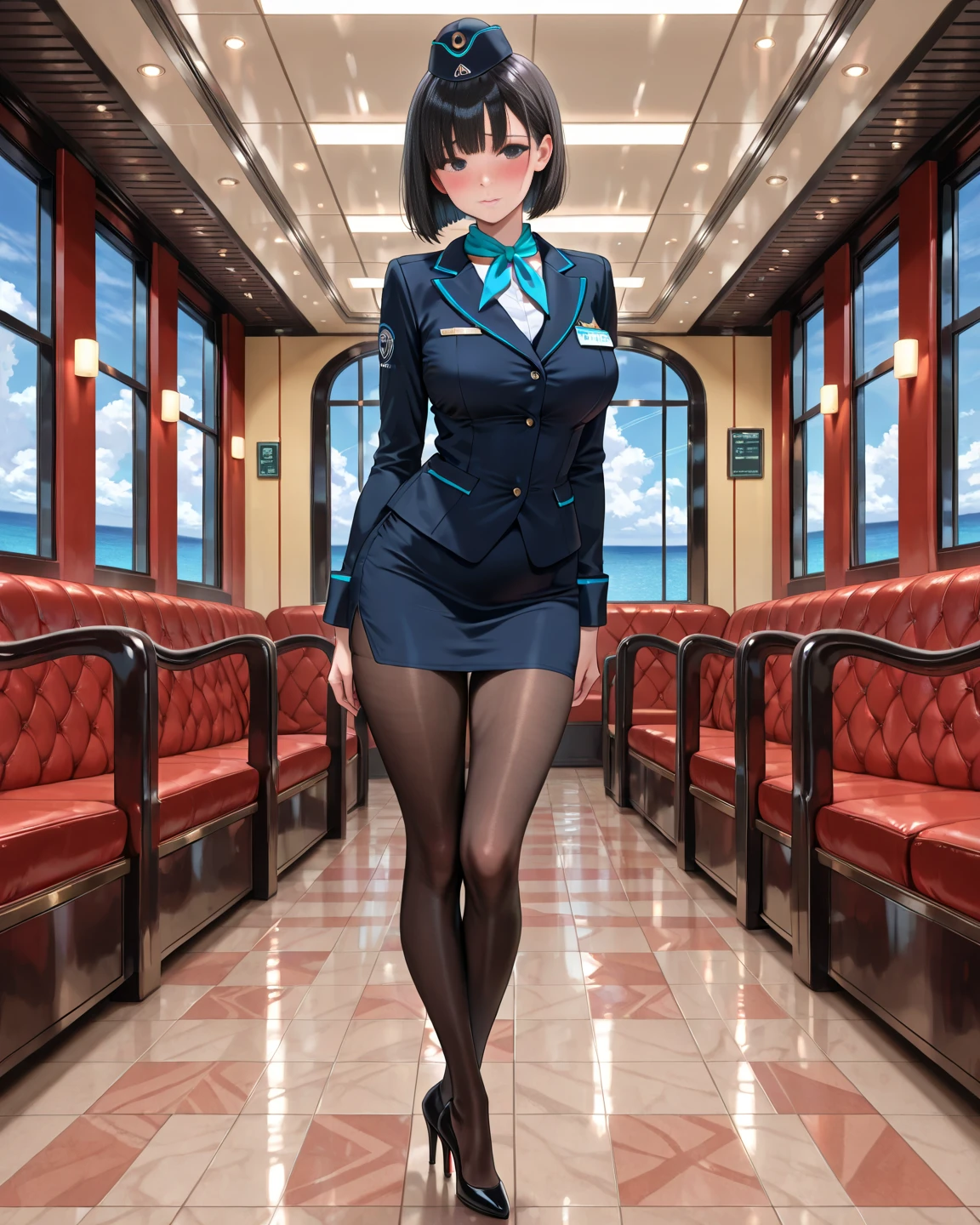 masterpiece, ((best quality)), ((highly detailed)),((detailed eyes, deep eyes)), ((1girl:1.6)),solo ((from behind tight ass tiny waist:1.2)), ((nobarajk::1.4) Nobara, kugisaki nobara, short hair, ((large breasts)), ((brown hair::1.5)), brown eyes, short hair, ((sexy navy blue flight attendant uniform with gold accents, red scarf, black heels::1.4)), (complex detailed background, outside of airplane, in airport::1.3) <lora:nobaraJujutsuKaisen_v1:1.1>