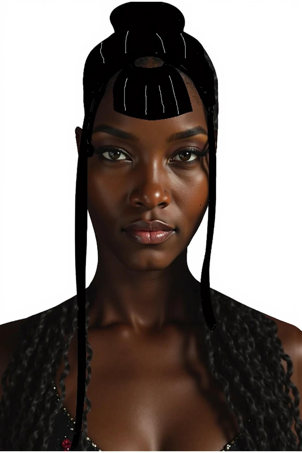 Um impressionante retrato colorido intrincado de (menina), pele negra, impressionante character composition, foco nítido, natural lightting, Subsurface scattering, f2, 35 mm, Highest possible definition. Correct hair strands while maintaining focus variation. Foto altamente profissional, with a hard level of detail, Pele com a textura da pele de uma pessoa jovem. Manter a fisionomia da pessoa, without making her someone else. Reconstrua os cabelos, com dreads finos. Foto hiper realista, with maximum realism, with maximum definition.