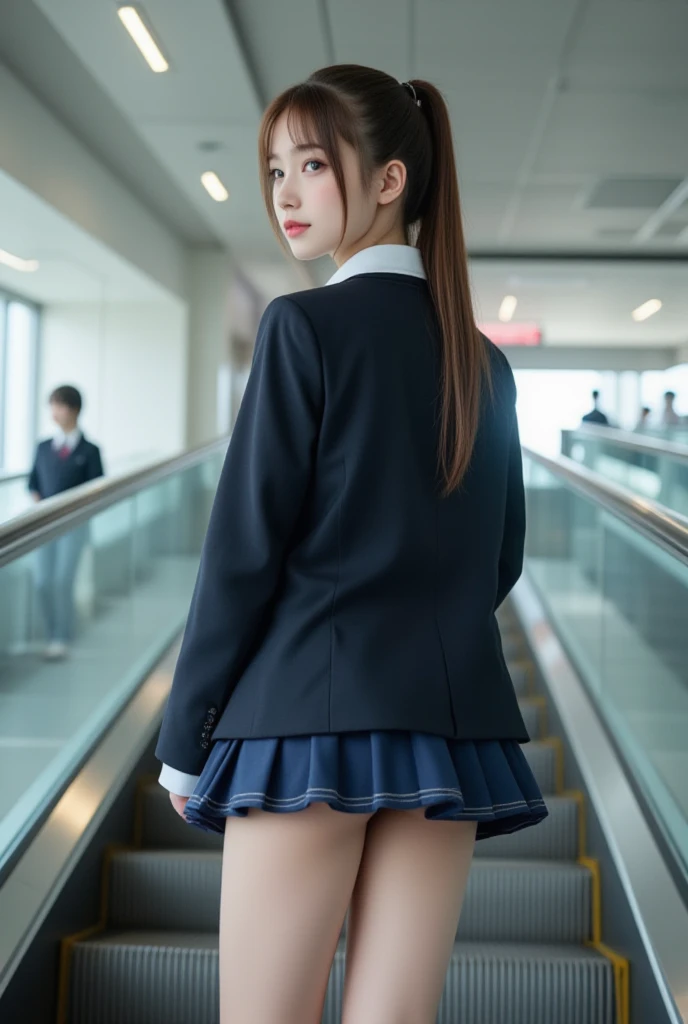 (Pink lace panties),((smile))、Confused、RAW Photos、(((The ultimate portrait masterpiece)))、((The cutest girl in the world))、1 girl、s old、Japanese、Cute Face、((Silky Hair))、(A high ponytail tied with a ribbon:1.4)、((Super huge breasts:1.4))、((Eyes that shine like jewels))、Glowing Skin、(young woman;A school uniform consisting of a transparent white shirt, Thin ribbon, blazer, Checkered pleated skirt.:1.5)、Winter clothes、(Uniforms made from high-quality fabrics:1.4)、Ultra-detailed uniforms、(She shyly pulls up her skirt:1.3)、(Lace panties are visible.:1.3)、((Crotch from the front))、A skirt fluttering in the wind、eyeliner、Beautiful Bangs、Hair between the eyes、((solve、High resolution))、Detailed Background、8 Commercial Code、Digital SLR、Soft Light、high solve、Film Grain、Fujifilm XT3、Shallow depth of field、Natural Soft Light、Narrow waist((Highest quality)), ((masterpiece)), (Familiar), A high school girl riding an escalator on her way to school、Glare、Navy Blazer、mini skirt、Navy blue socks、Rear view、Photo secrets、(真From belowの眺め)、Navy blue socksのクローズアップ、mangaコマ割り、mangaスタイル、manga、Station Escalator、Everybody line up on the left、顔のみのコマとRear viewのコマ,(From below:0.1),(I can see the pussy line:1.3),(((Sexy see-through lingerie for women,Shiny bodysuit,Smooth and silky clothing,Trimmed combination,Lace Stockings,Erotic leash,pajamas))),