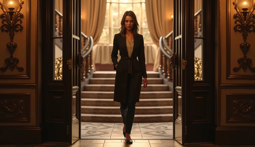 ((A figure stands with a subtle division down the middle, blending the characteristics of both male and female. The outfit is a harmonious mix, with the same deep blue color for both the dress and the suit. On the left side, the dress flows gracefully, with soft pleats and a slight shimmer, while on the right, a tailored suit jacket and trousers fit snugly, almost merging with the dress. The division is delicate, with no harsh line separating the two sides; instead, the fabrics and textures blend together. The shoes are similarly matched in color but differ in style, with one side featuring a high heel and the other a sleek, polished shoe. The hair transitions gently from a soft wave on one side to a neatly combed look on the other. The overall effect is a seamless fusion of both feminine and masculine traits, creating a figure that embodies both yet remains unified.)). A figure stands in the midst of a crowded bar, subtly divided between masculine and feminine traits. The person wears a deep blue outfit that seamlessly blends a flowing dress with a tailored suit, with the fabrics and textures merging without a clear dividing line. The bar is lively, with people chatting and glasses clinking, dim lighting casting warm hues over the scene. The figure's shoes, one a high heel and the other a polished loafer, rest on the wooden floor, while their hair transitions from soft waves on one side to a neat style on the other. Despite the bustling environment, this unique presence draws quiet attention, embodying both genders in perfect harmony.