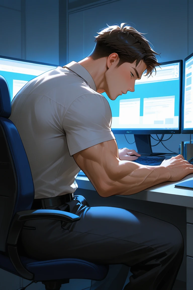 In paul chavas and psul cadmus art style, a blendmix photograph and painting, perfect divine proportion composition, 8k resolutionyoung man, perfect anatomy, young, latino, handsome, gorgeous, barefoot, skinny detailed muscles, shirtless, pantless, sit at a modern desk with multiple computer screens displaying wallstreet stadistics flowcharts, large windows to see the lake , Their workspace is neat and organized.