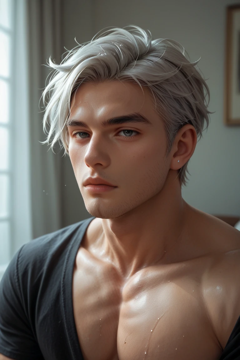 Photography, BALENCIAGA, best quality, 1 boy, man, sharp face, defined face, defined sculptural face, white skin, pale skin, white hair, straight bangs,muscular, satado, big arms, big pectoral, bathtub pose, water, white bathtub, light blue water, light light, sexy pose, man, bathtub, foam