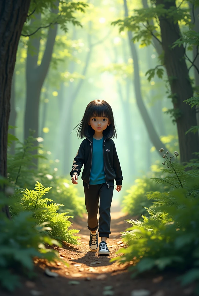 A short dark skin barefoot girl with brown eyes hiking through the woods alone. Short, puffy hair, wearing an underwood shirt and shorts. her feet are big and she has long toes. take picture close to the feet.