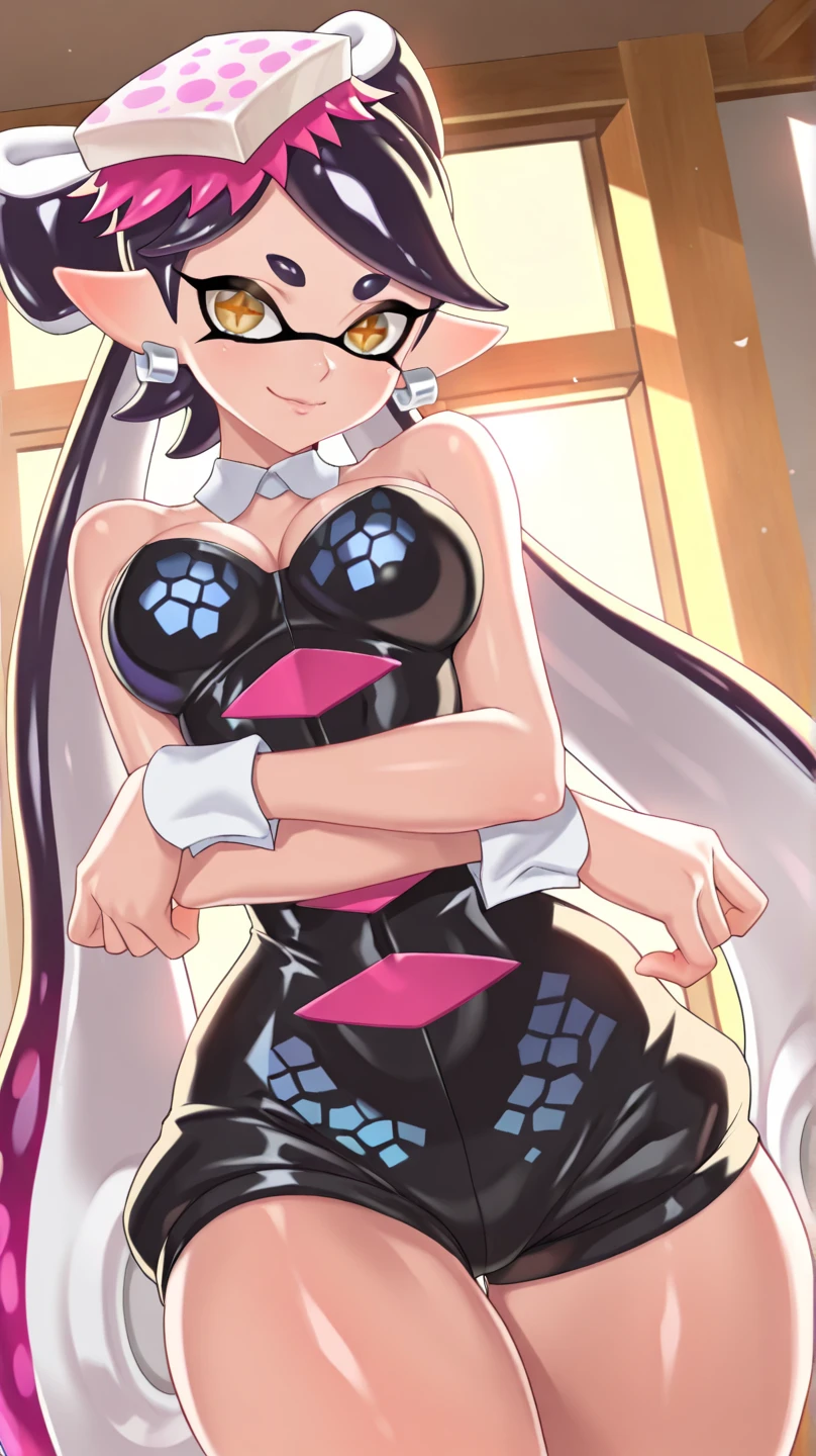 I have white pink hair, cat ears, a bun, my face is super blushing, black glasses, pink heart eyes, small breasts, a Playboy bunny suit that has a big butt, black stockings, a cat's tail, a very shy girl is this touching rear stand