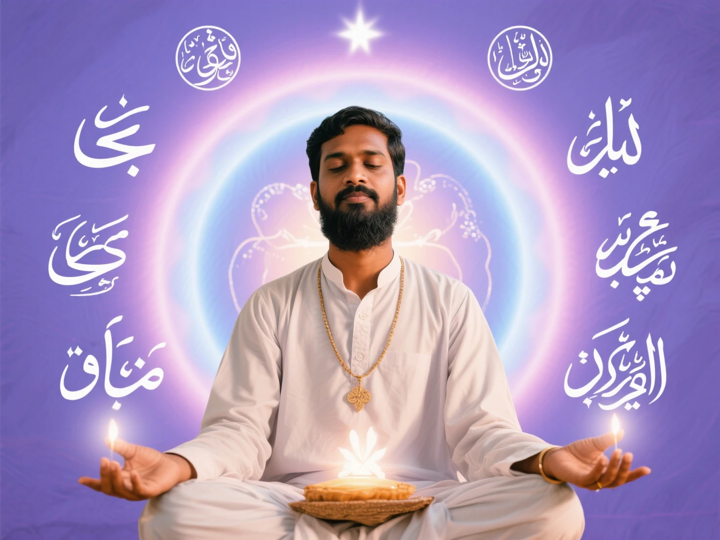 A 40 years old boy, is seated and praying in front of a Shivling adorned with flowers and belpata (green leaves). Behind him, there's a floral board with an image of Lord krisna. The boy is wearing a white kurta on which name "abhi" written clearly , have stylish hair and look very cute, enhancing the spiritual or religious ambiance.