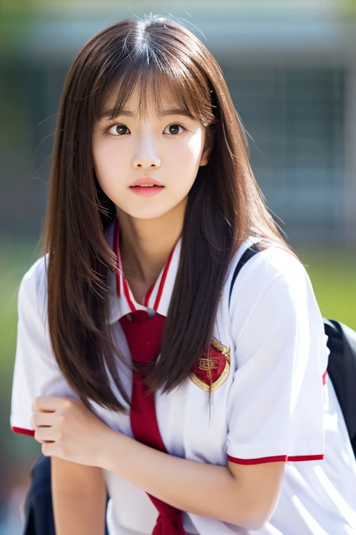 ((Two Girls)), ((Highest quality)), (Super detailed), (Very detailed CG 統合 8k 壁紙), Very detailed, High-resolution RAW color photos, Professional photography, Brown Hair, Great face and eyes, Pink Eyes, (High School Uniform, Pleated mini skirt:1.3), (High with wide open breasts:1.35), Beautiful big , Bare Chest, (Amazingly beautiful girl), (((Bokeh))), Depth of written boundary,