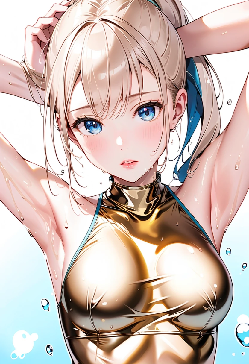 Woman wearing armor and rubbing her chest、Blonde woman in tank top、Arms crossed behind the head、verd s eyes、realisitic、A smile、be shy、Armpits are wet with white liquid、Yogurt in the armpit、Wearing armor、The upper part of the body、Beautiful woman、Yogurt is poured into the armpits and gets dirty