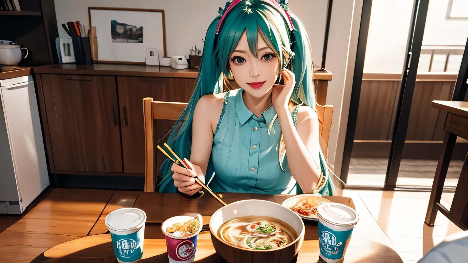 (hig彼st quality、8k、32K、masterpiece)、(realistic)、(realistic:1.2)、(high resolution)、Hatsune Miku、((Highest Quality)), ((masterpiece)), (details), (((1girl))), Hatsune Miku, Blue-green long hair、pink dress、cup noodles are on the table、I'm eating cup noodles、cup noodles have chopsticks stuck in them、Bring noodles to your mouth with chopsticks、the background is the living room