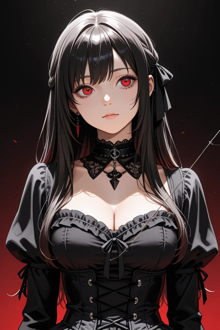 1 girl,Depp's Sense,confused,catch light,Super beautiful illustration,swirling vortexes,((black color,long hairstyles:1.3)),dark dark eyeshadow,bright red lipstick,Gothic Lolita,;d,beautiful and delicate hair,(((delicate and detailed red eyes))),light blue light effect,Aura of water