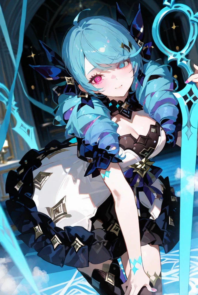 Anime Kawaii sexy Perfect Slim sensual body large breast and huge thighs, An intricate and highly detailed illustration of anime (Young girl). 最high qualiy、best quality image、work of art、adolescent((20 years old、 Becoming、vest bust、medium bust,wide open chest tea、glare eyes, hair light blue、long hair、fine tune,higher valley、hypdertailed、Monster arm、monster leg arm、struggling pose)),high qualiy、linda arte、fund((spark、em chamas、red lighting))、voo、debris flies、Written limit depth、film、visual artwork、Perfect artwork、8k,genuine、