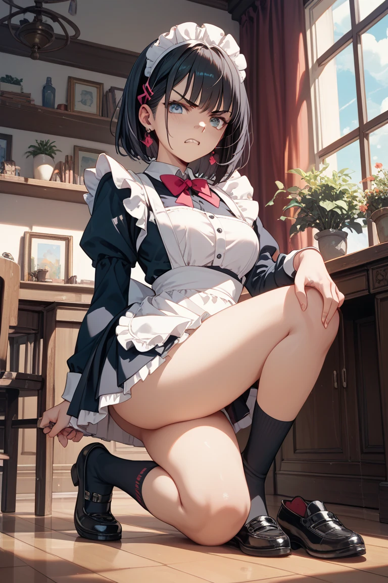 muste piece、masterpiece、highest quality、Super detailed、High resolution、8K portrait、High definition CG of Unity 8k wallpaper、cute type little:1.5、Lori:1.5、Highly detailed CG unity 8k wallpaper、Realistic、real person、 portrait photography、shiny skin、High definition、(:1.2)、(1 girl)、beautiful clear eyes、extremely detailed description、delicate face、nice lips、slender body、(thin waist)、thin legs、(garden:1.6)、1 girl, cute type, perfect face, seriously, (blush:1.5),(Black hair in a bun:1.3),(big breasts:1.),((mini skirt maid clothes:1.3)),(half nude:1.4),(black dress),(I have nipples:1.2),(looking at view),(from front),gran,(wearing shoes),((climax in vagina:1.5)),(cute pose:1.2)